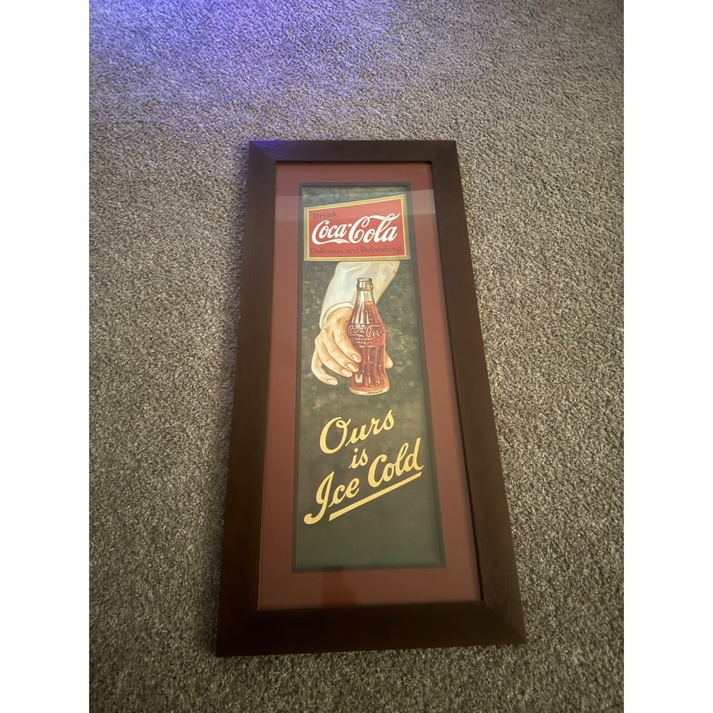 Coca-Cola Ours is Ice Cold Framed Wall Art Vintage Style Soda Sign 44x20